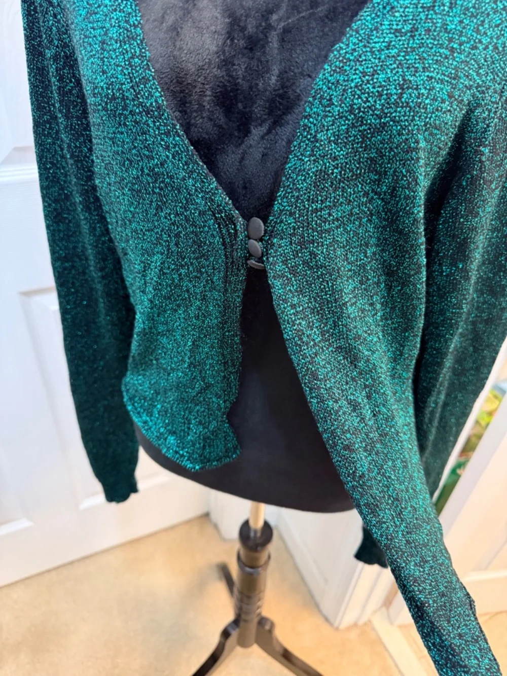 Free People Emerald Sparkle Boho Top XL Glam Party‎ Knit